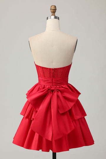 Red Strapless A-line Tiered Corset Beaded Short Prom Dress with Bow